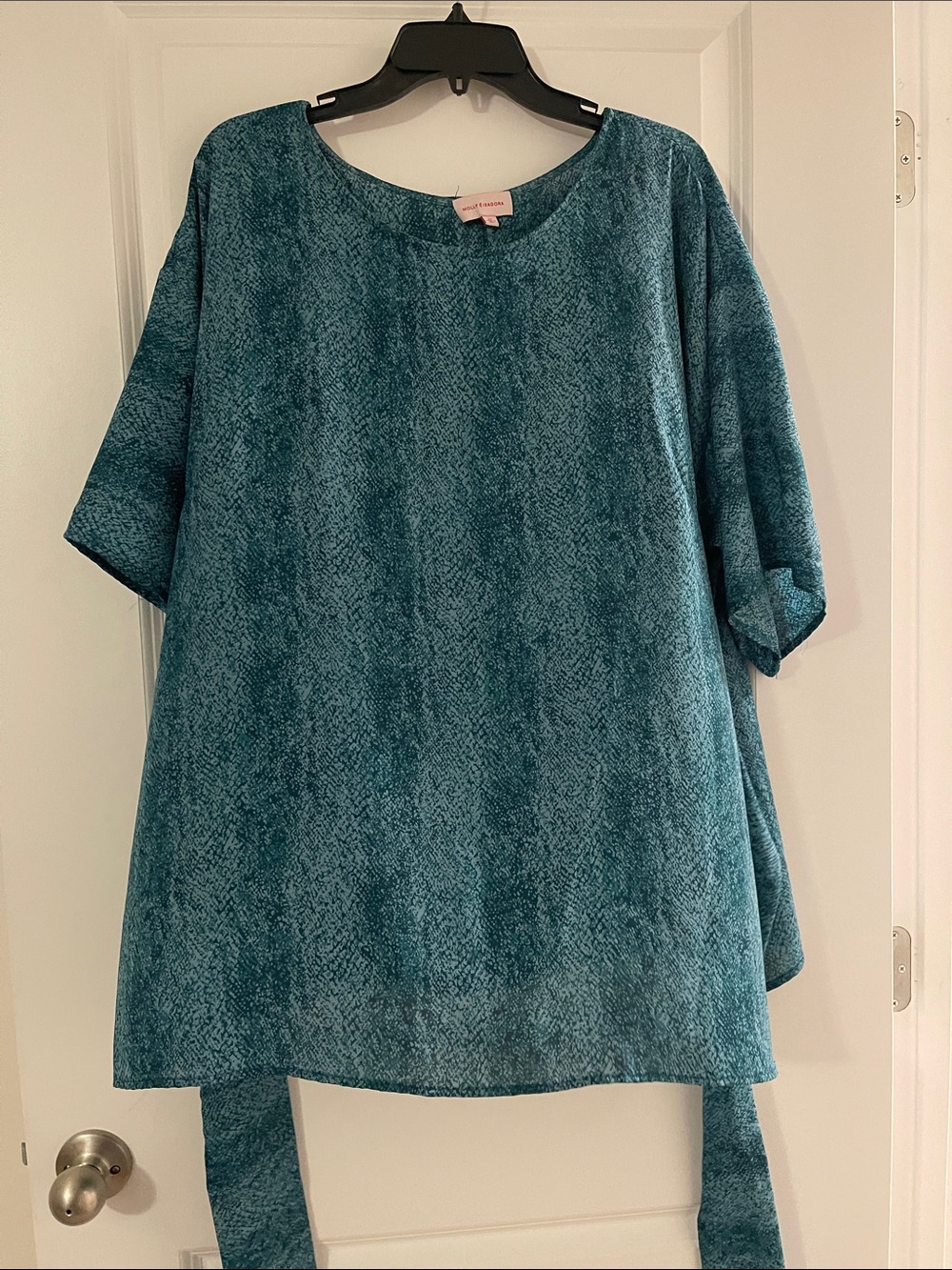 Relaxed Teal Textured Short-Sleeve Tunic with Waist Tie